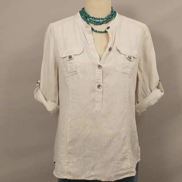 Natural 100% Linen Safari Style Shirt Saks Fifth Ave Neutral 43" Chest SeeMeasur - Picture 2 of 11